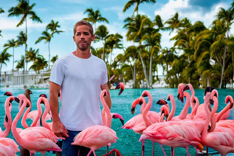 Prompt: paul walker surrounded by flamingos, posing, miami, florida, 3 5 mm, f / 2. 8