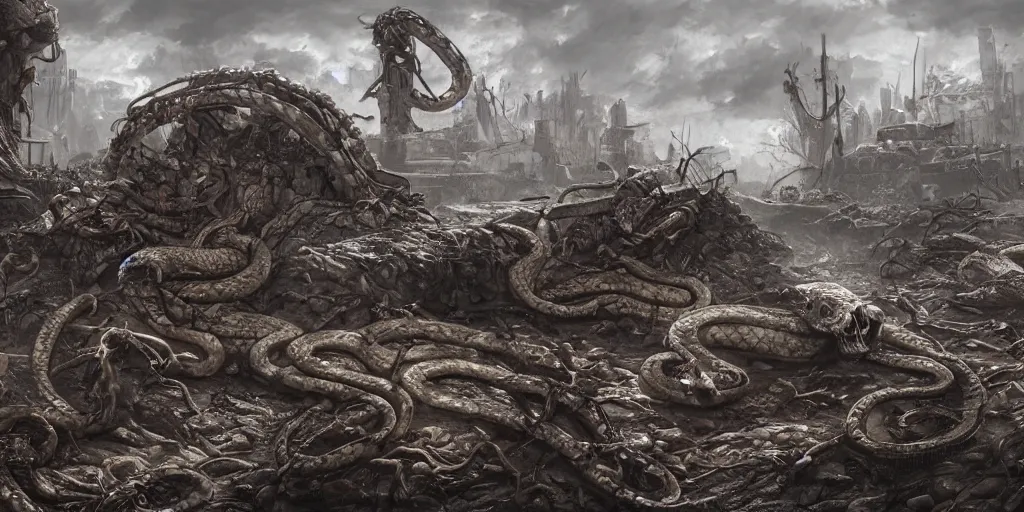 Image similar to snakes crawling from skulls in apocalyptic wasteland, depressing, morbid, surreal, 4 k, digital art, concept art, trending on artstation, highly detailed, epic composition