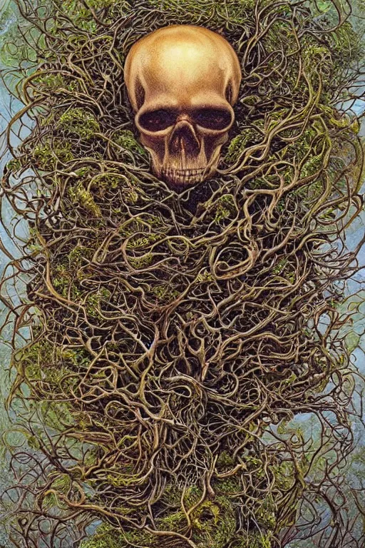 Image similar to Floating skull shaped island made of vines and earthart by visionary artist peter gric in hyperdetailed surreal fantastic style. Floating skull by hannah yata in visionary-psychedelic style earthart skull generative artwork by midjourney. Spiritual shamanic artifact skull decorated with gems and gold by billelis polished ominous photorealistic mysterious intricate hyperdetailed galactic expansive ethereal elemental detailed complex Earthart skull collage generated in discodiffusion or dall-e2 trending on Artstation hyperdetailed 8k resolution concept art 64 megapixels 8K resolution depth of field DSLR subtractive lighting tilt-shift wide-angle lens Skull made of smaller skulls made of smaller skulls surrealist fractal art gigapixel resolution 8K 3D | CGSociety | volumetric light | lightrays | smoke | cinematic | atmospheric | octane render | insanely detailed and intricate | hypermaximalist | elegant | ornate | luxury | elite | Floating skull hyperdetailed insanely complex artwork by psikodelicious art & design | gigapixel render | visions of chaos | midjourney | discodiffusion | complex hyperdetailed fantastic realism artwork made with dall-e2