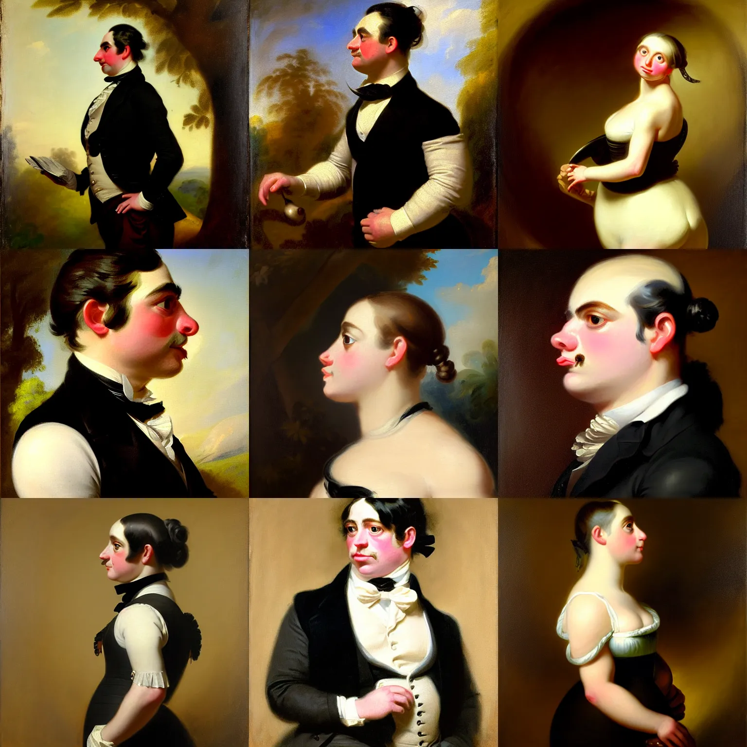 Prompt: a side profile portrait painting of an anthropomorphic amazon milk frog wearing a black buttoned waistcoat, an american romanticism painting by john trumbull, cgsociety, soft focus