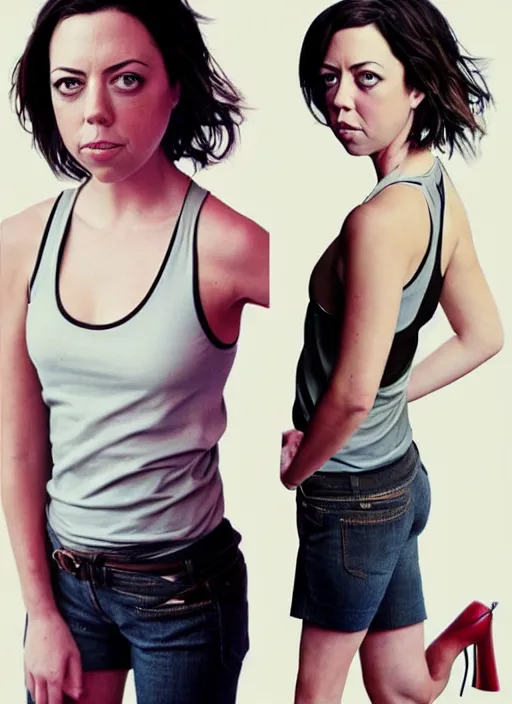 Image similar to full length photo of Aubrey Plaza in a tanktop in the style of stefan kostic, full body, not realistic, sharp focus, 8k high definition, insanely detailed, intricate, elegant, art by stanley lau and artgerm