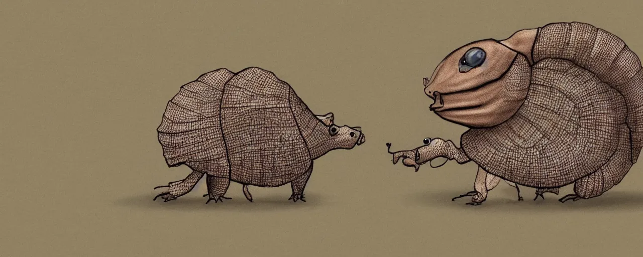 Prompt: one armadillo with a brown hat dancing happily standing on its two hind legs, cartoon style