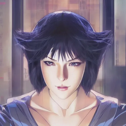 Image similar to An anime portrait of beautiful woman still from Ghost in the shell 1985 by Stanley Artgerm Lau ,WLOP, Rossdraws ,James Jean, Andrei Riabovitchev , symmetrical