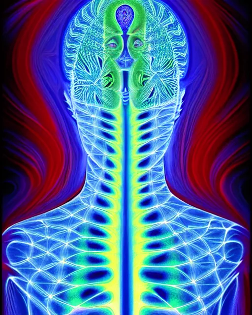 Image similar to alex grey style fractal pattern xray portrait of a glowing alien with space behind them. convergence of a higher mind