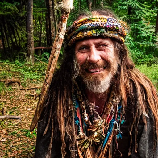 Image similar to hippie tribal hobo witch doctor wearing twigs and leaves smiling sheepishly, campfire, bong, water pipe, highly detailed, dramatic lighting, night time, cinematic, hyperrealistic, detailed, movie still from game of thrones