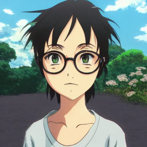 Prompt: anime, incredible wide screenshot, ultrawide, realist proportions, paper texture, intricate, very detailed, studio ghibli movie scene, girl wearing a green shirt and harry potter glasses with a curly black hair, fog