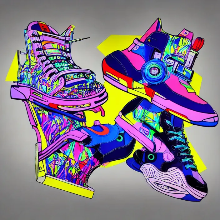 Image similar to futuristic sneakers in jeff koons hip hop bauhaus style, highly detailed, hyper realistic, art by todd mcfarlane