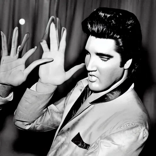 Image similar to black and white photograph of elvis dancing surrounded by aliens