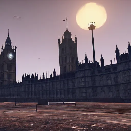 Image similar to Houses of Parliament, London in ruins post-nuclear war in Fallout 4, in game screenshot