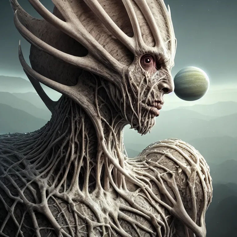 Image similar to portrait of white alien man with ribbed body, covered with twisted ribbed crooked antlers in wastelands on white exoplanet, baroque portrait painting, beautiful intricate insanely detailed octane render, artstation, 8 k artistic photography, photorealistic, volumetric perfect light, chiaroscuro, raphael, caravaggio, beksinski, rutkowski, giger