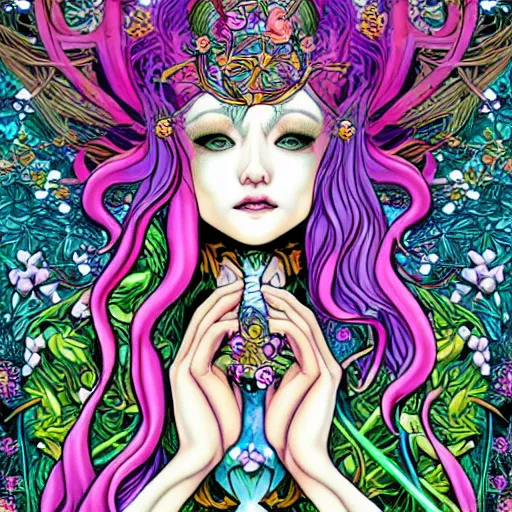 Image similar to NeoPagan Goddess of Spring, inside her temple, in a style blend of Peter Chung, Junko Mizuno, and Botticelli, hyper detailed, photorealistic digital art, flat colors, dramatic composition, extremely fine inking lines