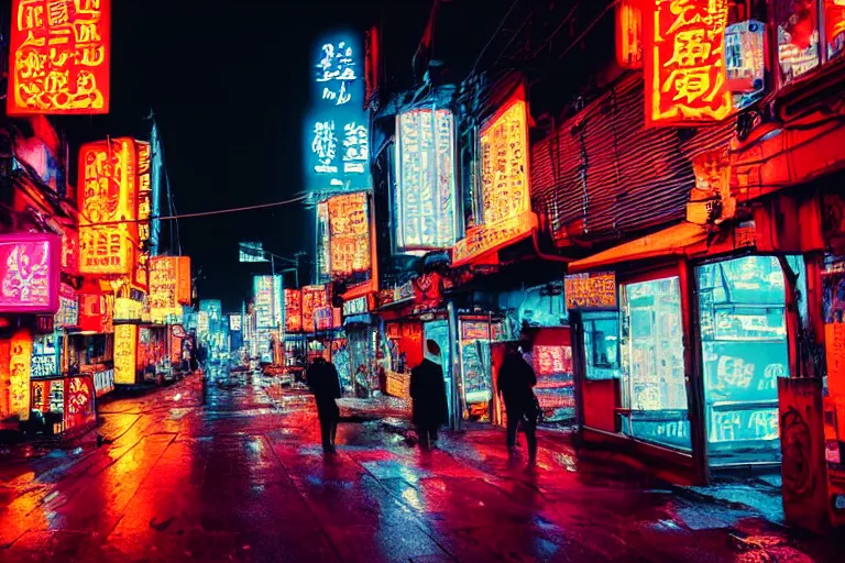 Image similar to a city street filled with lots of neon signs, cyberpunk art by liam wong, pinterest, shin hanga, anime aesthetic, streetscape, photo taken with ektachrome