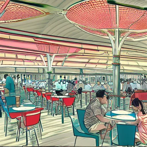 Image similar to A hawker centre in the style of Syd Mead