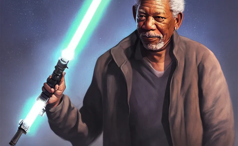 Image similar to morgan freeman holding a lightsaber, water landscape, dramatic lighting, cinematic, establishing shot, long full body shot, extremly high detail, photorealistic, cinematic lighting, post processed, concept art, artstation, matte painting, style by greg rutkowsky