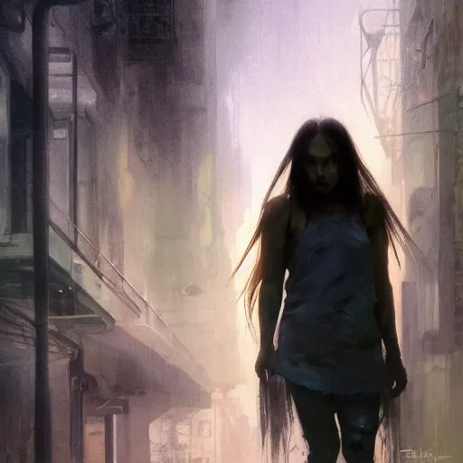 Image similar to billie eilish, hyperrealistic full figure, bladerunner street alley, art of elysium by frank frazetta and by jeremy mann and by alphonse mucha, fantasy art, photo realistic, dynamic lighting, artstation, full figure poster, volumetric lighting, very detailed face, 4 k, award winning