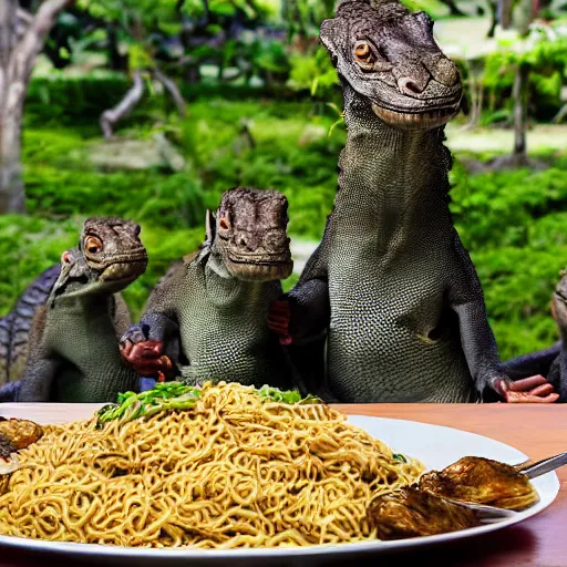 Image similar to a group of komodo dragons having a feast consisting of only indomie instant noodles on a fancy dining table, cartoon style