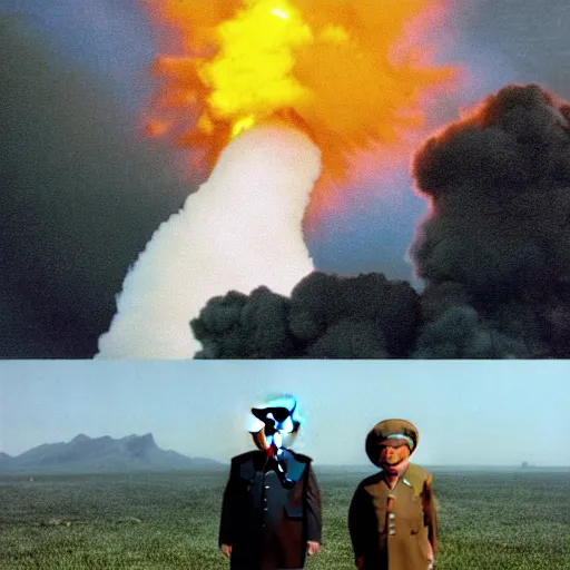 Image similar to nuclear explosion with kim jong un standing in the background