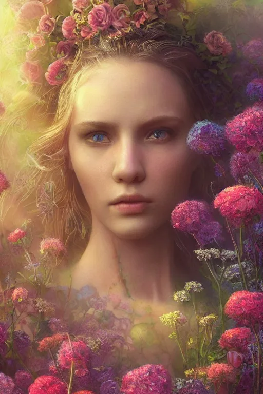 Image similar to elaborately detailed close up portrait of an extremely beautiful girl surrounded by flowers, an eerie mist and ethereal rainbow bubbles, Aetherpunk, high fantasy matte painting, fantasy matte painting movie poster, Art Nouveau, smooth, sharp focus, atmospheric lighting, highly detailed illustration highlights, backlight, golden ratio, 8K detail post-processing, symmetrical facial features, rich deep moody colors, majestic, dark epic fantasy, award winning picture, sense of awe, featured on DeviantArt, trending on cgsociety