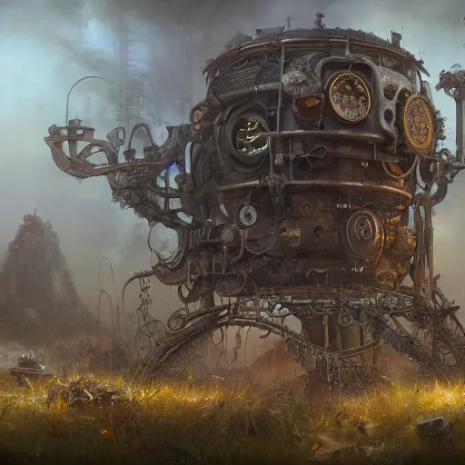 Image similar to a ultradetailed beautiful concept art of the core of a steampunk machine where vegetation have start to peacefully grow, concept art, high resolution 4 k, by tom bagshaw, greg rutkowski, charli bowater and artgeem