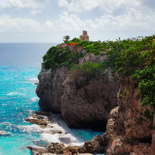 Image similar to photo of a spanish galleon in front of a jamaican shoreline cliff with a cave