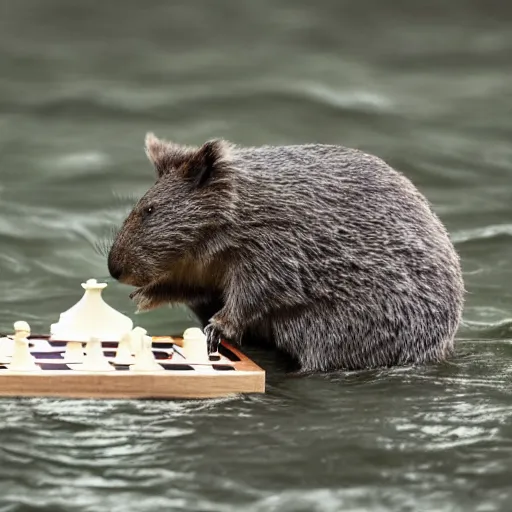 Image similar to wombat playing chess or a raft in stormy seas realistic waves