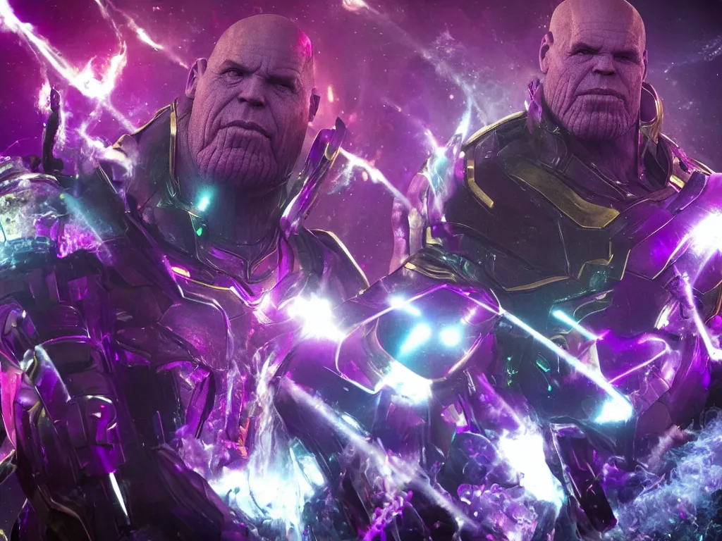 Image similar to photo of Thanos is djing at an underground warehouse rave, he is looking stressed because he is bombing badly. award winning, atmosphere, coloured lasers and stage lighting, stage smoke, 1x