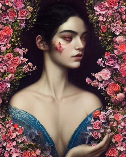 Prompt: symmetrical portrait of a 2 5 year old girl, surrounded by flowers by karol bak, james jean, tom bagshaw, rococo, sharp focus, trending on artstation, cinematic lighting, hyper realism, octane render, 8 k, hyper detailed.