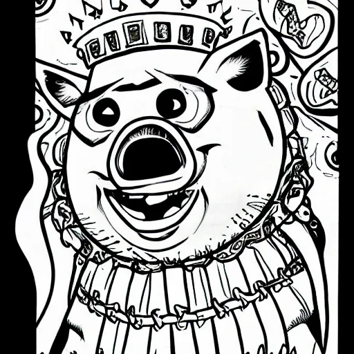 Prompt: detailed lineart comic book drawing of grinning pig wearing a gold crown flying with a cape in the style of jim lee