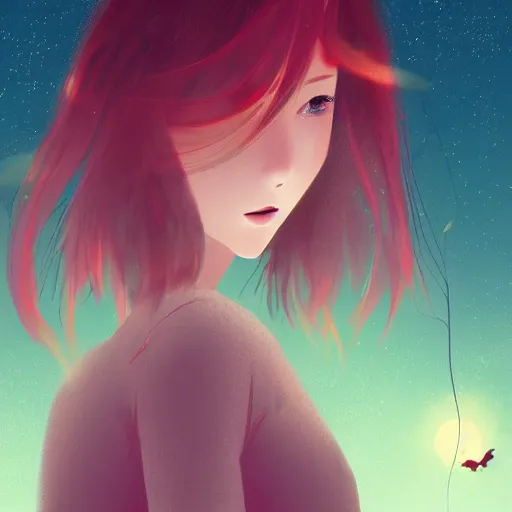 Prompt: digital illustration of a red haired girl with green eyes, wonderful dreamy scene with fireflies, intricate, hyper fine details, deviantart, artstation, studio ghibli