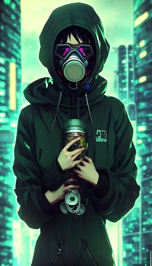 Image similar to cyberpunk anime girl in hoodie, cyberpunk gas mask, 3 / 4 shot, street night, grafity, beautiful face, grafity, arcane, action, tokyo street, detail, good face, pose model, concept art, in style of yoji shinkawa, pan ren wei, col price, atey ghailan, by greg rutkowski, aesthetic