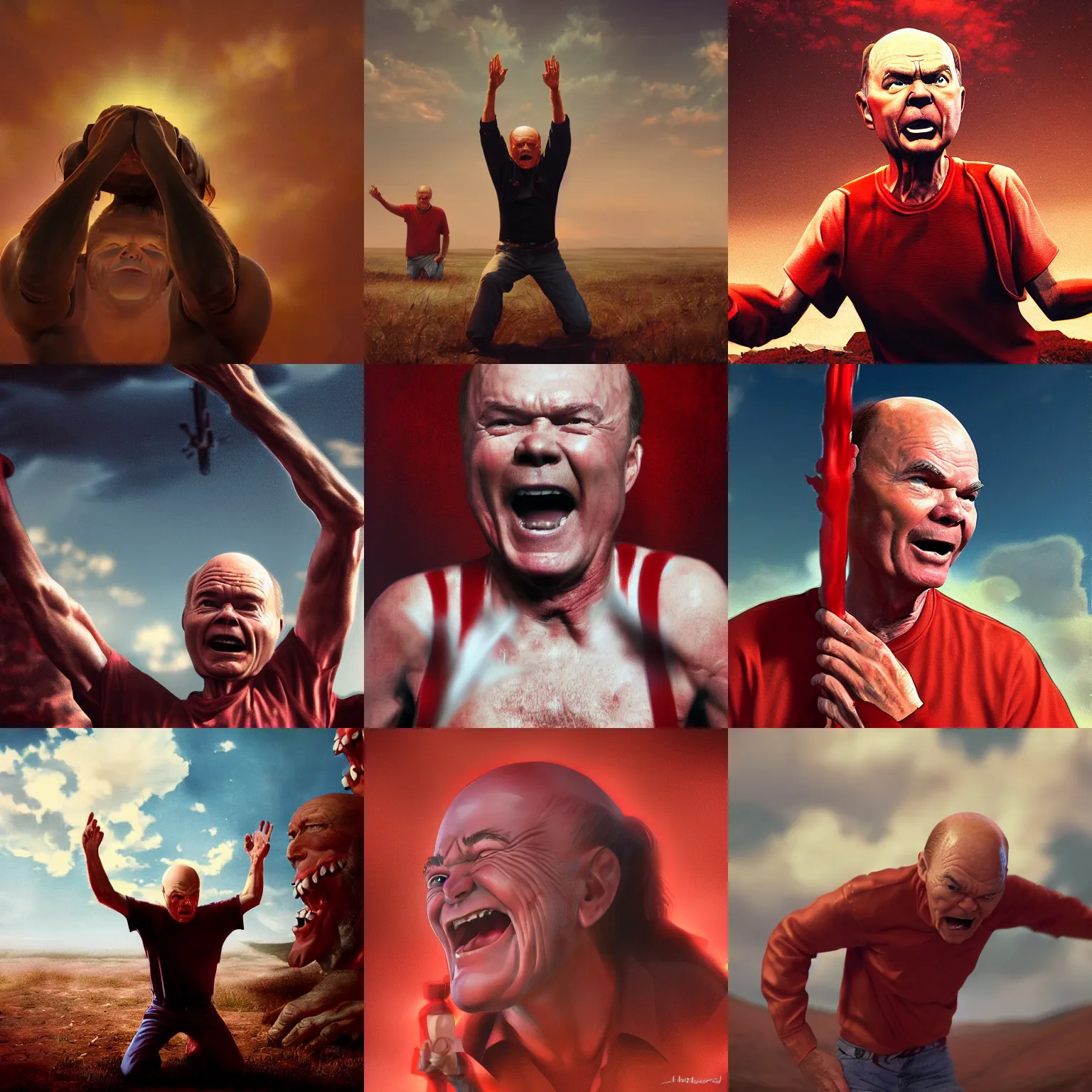 Prompt: red forman on his knees, shouting to the sky, digital art, oil on canvas octane render, cinematic, dramatic, harrowing, trending on artstation