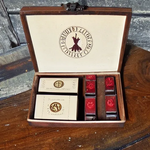 Prompt: vintage gift box for men, stamped with sealing wax, old school, wes anderson style