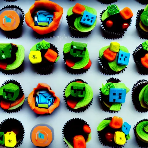 Image similar to cupcake inspired by minecraft, closeup, professional food photography