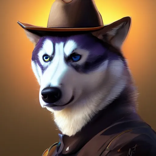 Image similar to a portrait painting of a husky in cowboy costume, wearing a cowboy hat, in the style of anime, trending on artstation