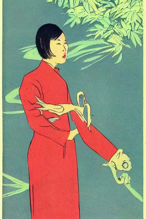 Image similar to 1 9 6 6 magazine color illustration of a young chinese woman who runs a demonic cult in shanghai