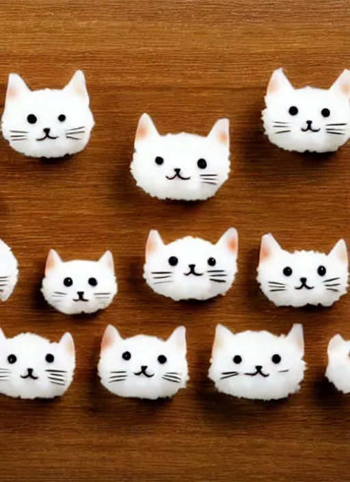 Prompt: clear photorealistic picture of simple cute cats made from sushi rice, arranged on sushi plates with garnish