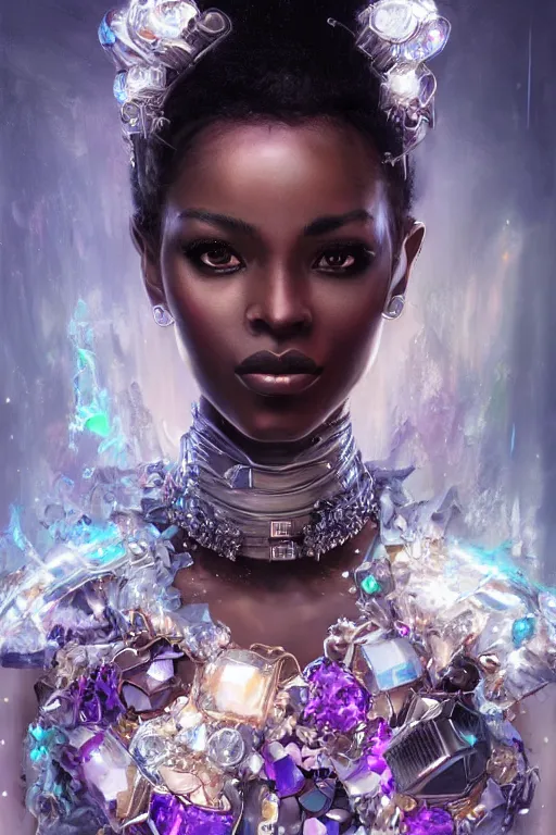 Image similar to beautiful black model wearing crystal crown full of jewels, cyberpunk, 3 d render, hyper realistic detailed portrait, holding ice flowers, scifi, fantasy, hyper detailed, octane render, concept art, peter mohrbacher, artgerm, ruan jia, wlop