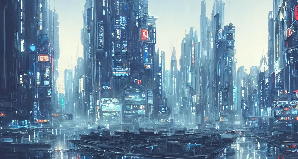 Image similar to a super detailed beautiful painting of a city by shaddy safadi, 8 k, blue hue, warm lighting, cyberpunk trending on artstation