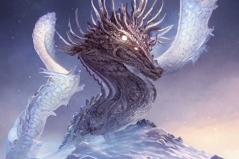 Image similar to Ice Dragon on a beautiful fantasy landscape, mountainside, winter, moonlit, HD, illustration, epic, D&D, fantasy, intricate, elegant, highly detailed, digital painting, artstation, concept art, smooth, sharp focus, illustration, wallpaper, art by artgerm and greg rutkowski and alphonse mucha and jin xiaodi