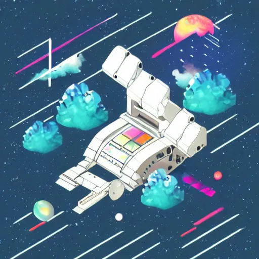 Prompt: an isometric watercolor illustration of an old printer in space, flat synthwave art style