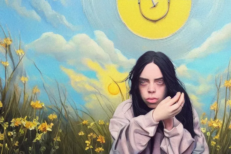 Image similar to billie eilish, fantasy, painting, ultra realistic!!!, clear weather, golden hour, sharp focus