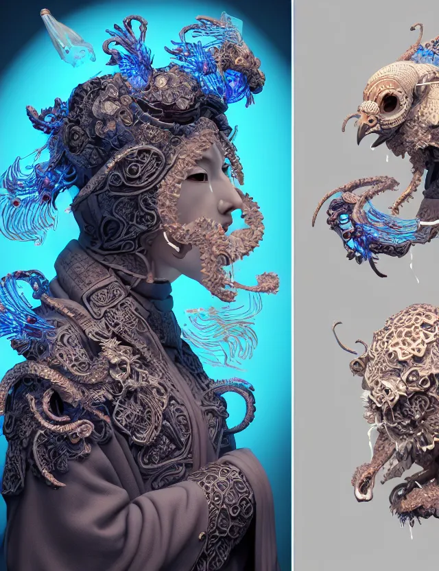 Image similar to 3 d goddess close - up profile portrait of cultist monk in hooded robe with ram skull. beautiful intricately detailed japanese crow kitsune mask and clasical japanese kimono. betta fish, jellyfish phoenix, bio luminescent, plasma, ice, water, wind, creature, artwork by tooth wu and wlop and beeple and greg rutkowski