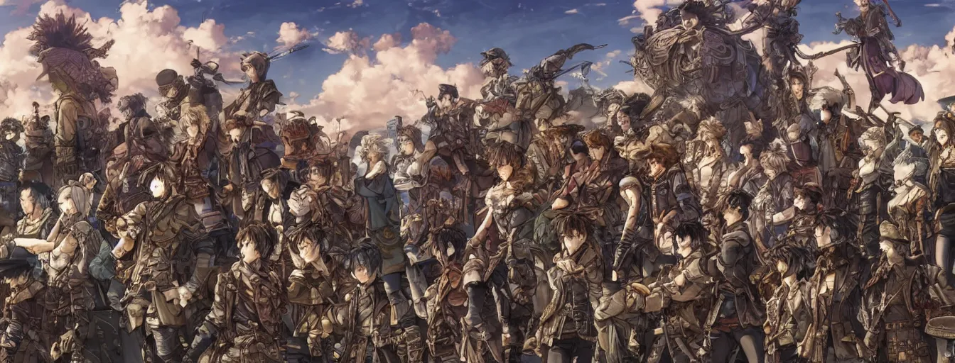 Prompt: a line - up of fallen comrades under a vast and open sky. hyperrealistic anime background illustration by kim jung gi, colorful, extremely detailed intricate linework, smooth, super sharp focus, bright colors, high contrast, matte, octopath traveler, unreal engine 5 highly rendered, global illumination, radiant light