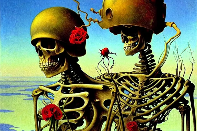 Image similar to realistic detailed portrait painting of a kid with a skeleton with a single rose wearing sci-fi helmet in a dystopian landscape by Jean Delville, Amano, Yves Tanguy, Alphonse Mucha, Ernst Haeckel, Edward Robert Hughes, Roger Dean, cinematic composition, dramatic pose, masterpiece, rich moody colours, blue eyes, 4k details