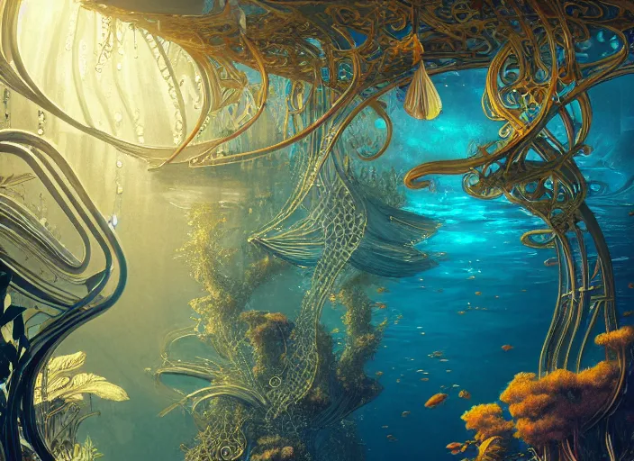 Image similar to foliage in art nouveau favela, underwater environment, scenery, professional, award - winning, trending on artstation, hyper detailed, realistic, beautiful, emotional, shiny, golden, picture