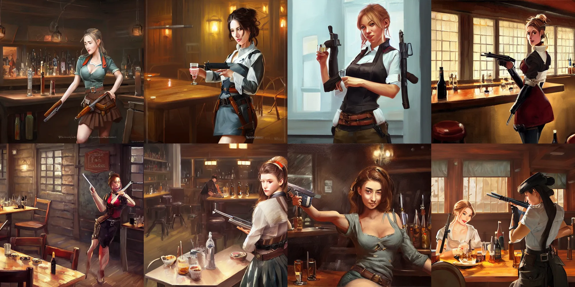 Prompt: A waitress armed with a rifle in a fantasy tavern serves drinks to customers, digital painting by WLOP.