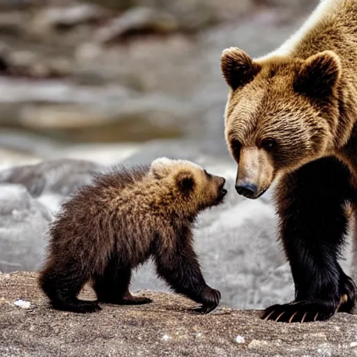 Image similar to a bear cub with his mother, photo taken by nikon, wildlife photography, nature magazine, tele lens