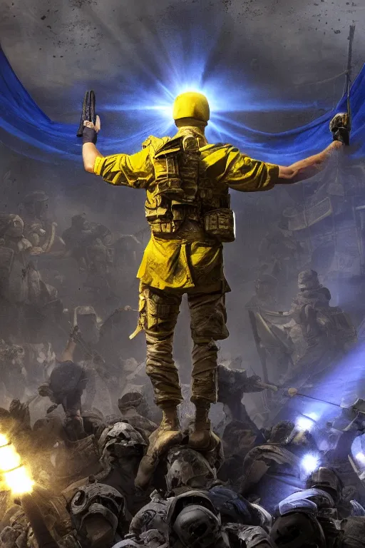 Prompt: A distant front view shot of a soldier with blue and yellow flag in his hand while he is standing on a huge pile of skulls in triumph after the battle head is up flag in hands up, modern warfare, bright rays of light, beams of light, intricate, volumetric lighting, volumetric lights, highly detailed, smooth, artstation, digital illustration by Ruan Jia and Mandy Jurgens and Artgerm and Wayne Barlowe and Greg Rutkowski and Frank Frazetta