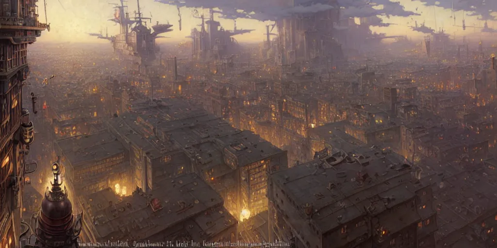 Image similar to steampunk airship above a busy city, exquisite details, denoised, mid view, by norman rockwell, karl kopinski, artsation, greg rutkowski, makoto shinkai, takashi takeuchi, studio ghibli