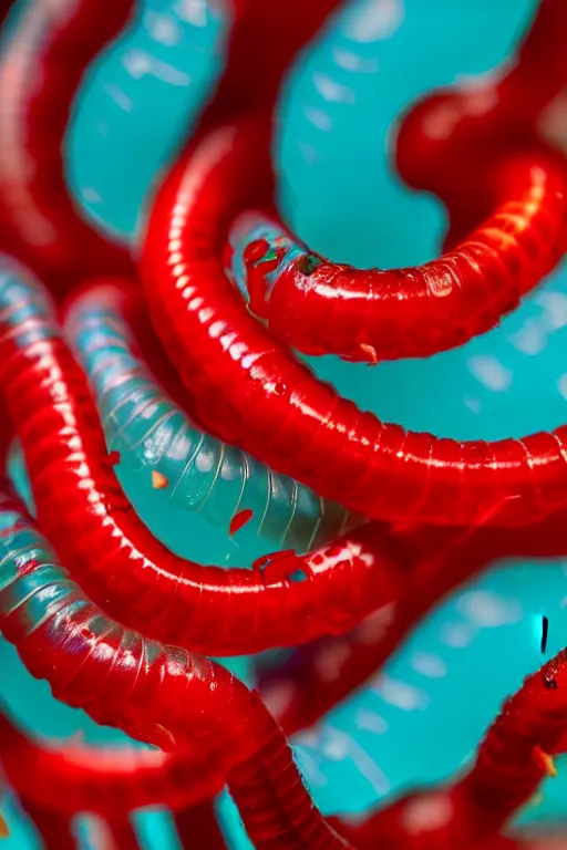 Image similar to high quality macro photo translucent gelatinous worms! gorgeous red dots highly detailed hannah yata elson peter cinematic turquoise lighting high quality low angle hd 8k sharp shallow depth of field